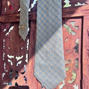 Hermes Beige Silk Tie with Blue and Cream Windowpane